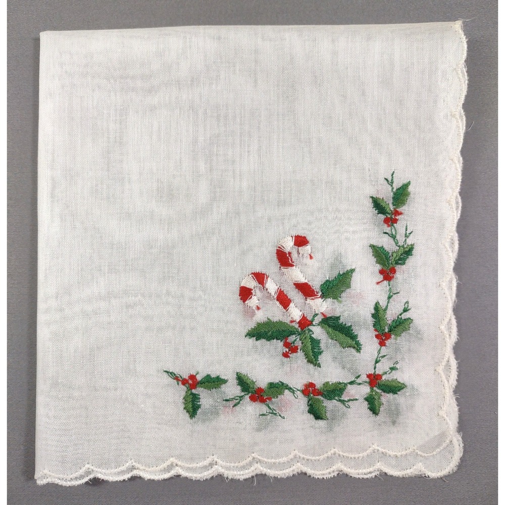 Vtg Christmas Handkerchief 10.5 x 11" Candy Cane Holly Embroidered Scallop